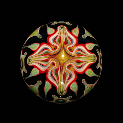 Heady glass marble with psychedelic swirling patterns and vibrant colors on a black background
