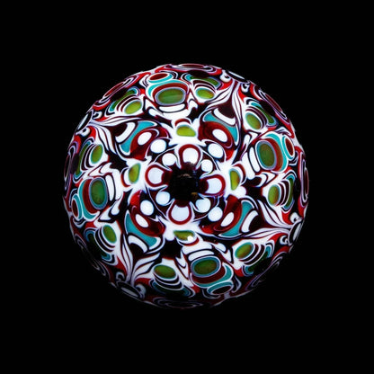 Colorful heady glass art piece with intricate floral and geometric patterns on black background
