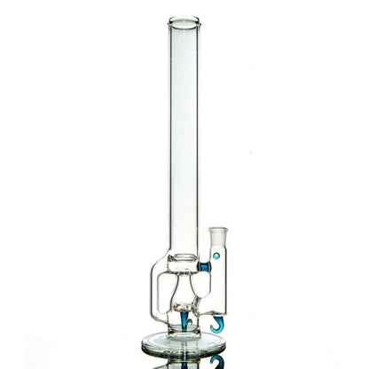 Tall clear glass water pipe with blue accents and unique curved design on white background