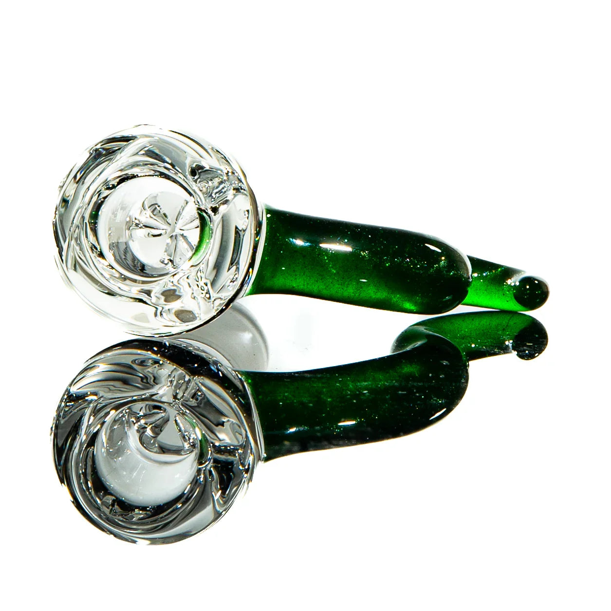 Green glass pinch slide with clear bowl, 18mm accessory reflection on white background
