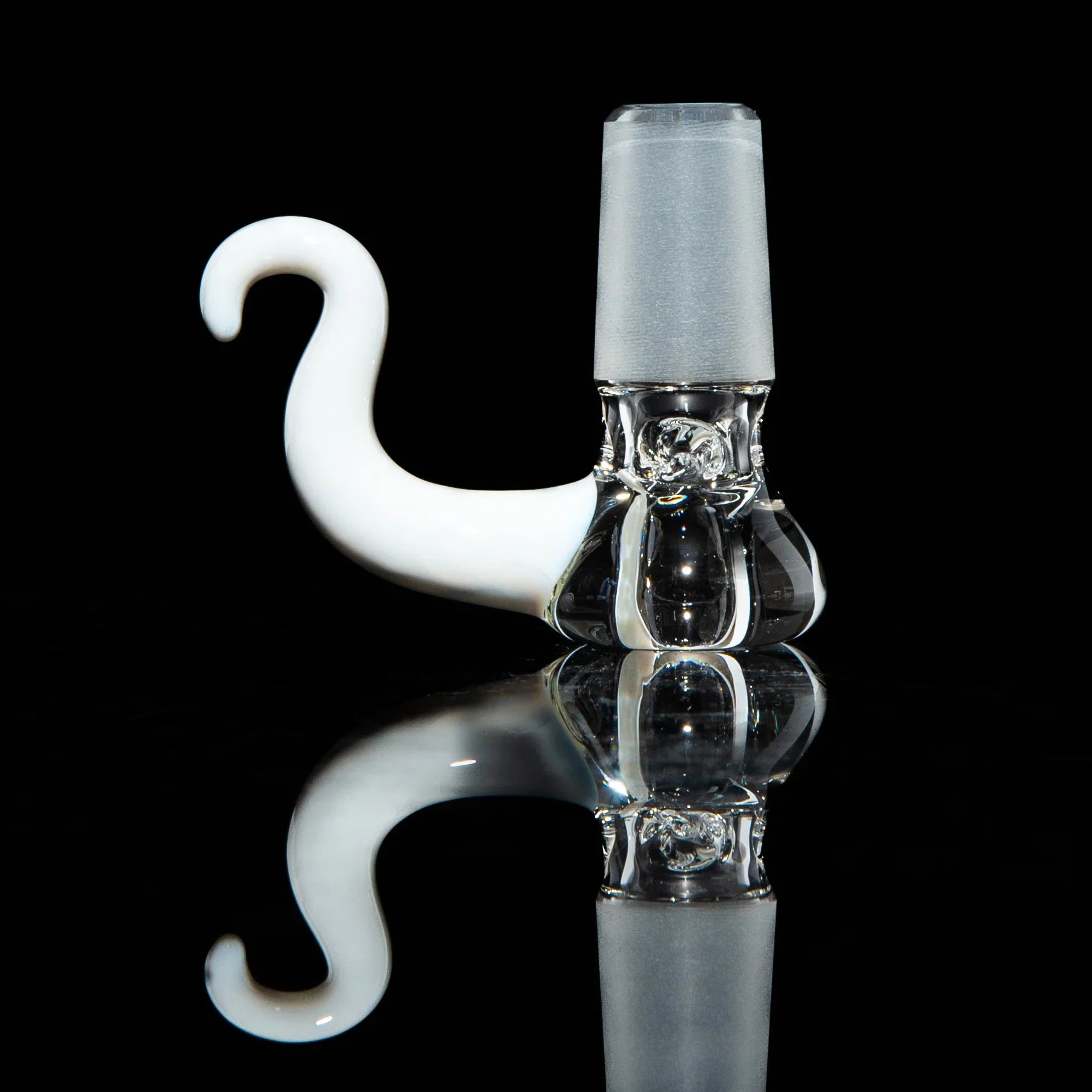18mm clear and white glass pinch slide bowl with curved handle on black background
