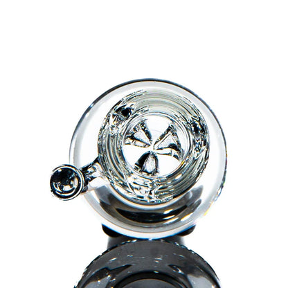 Clear 18mm glass bong bowl slide with unique triangular cut design, viewed from above