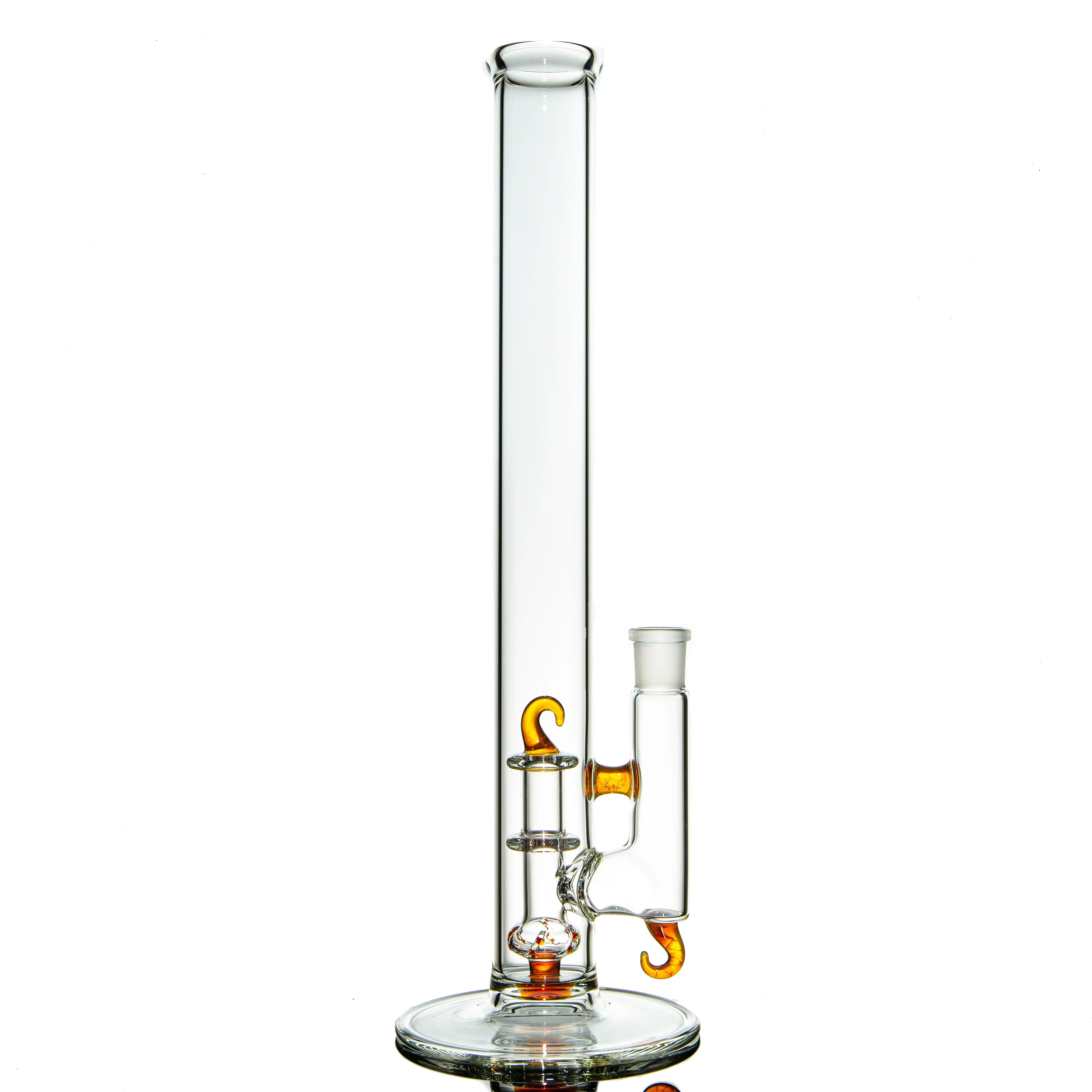 Clear glass water pipe with amber glass accents and a straight tube design on white background.