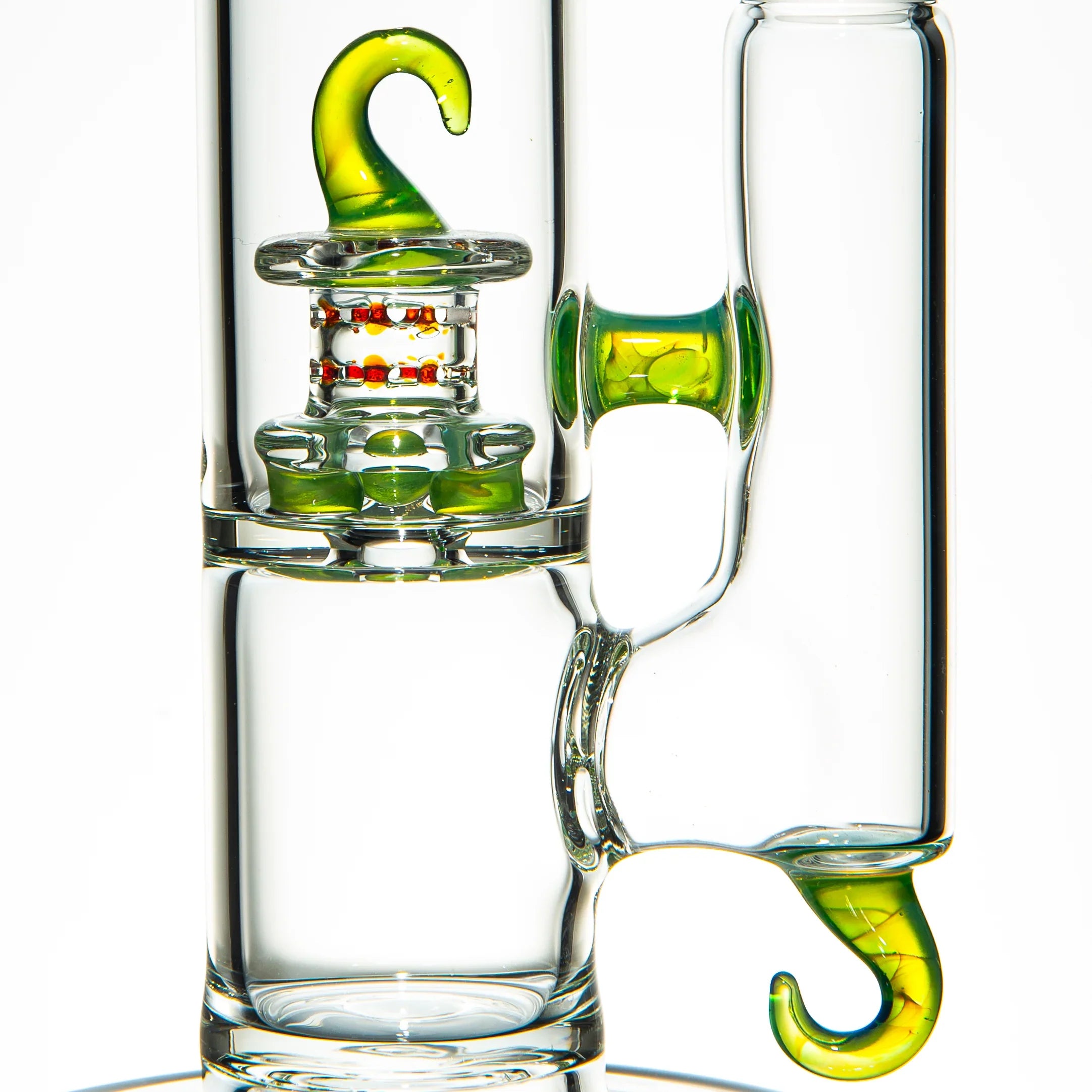 Clear glass water pipe with green and red decorative accents, Captain Hook themed design.