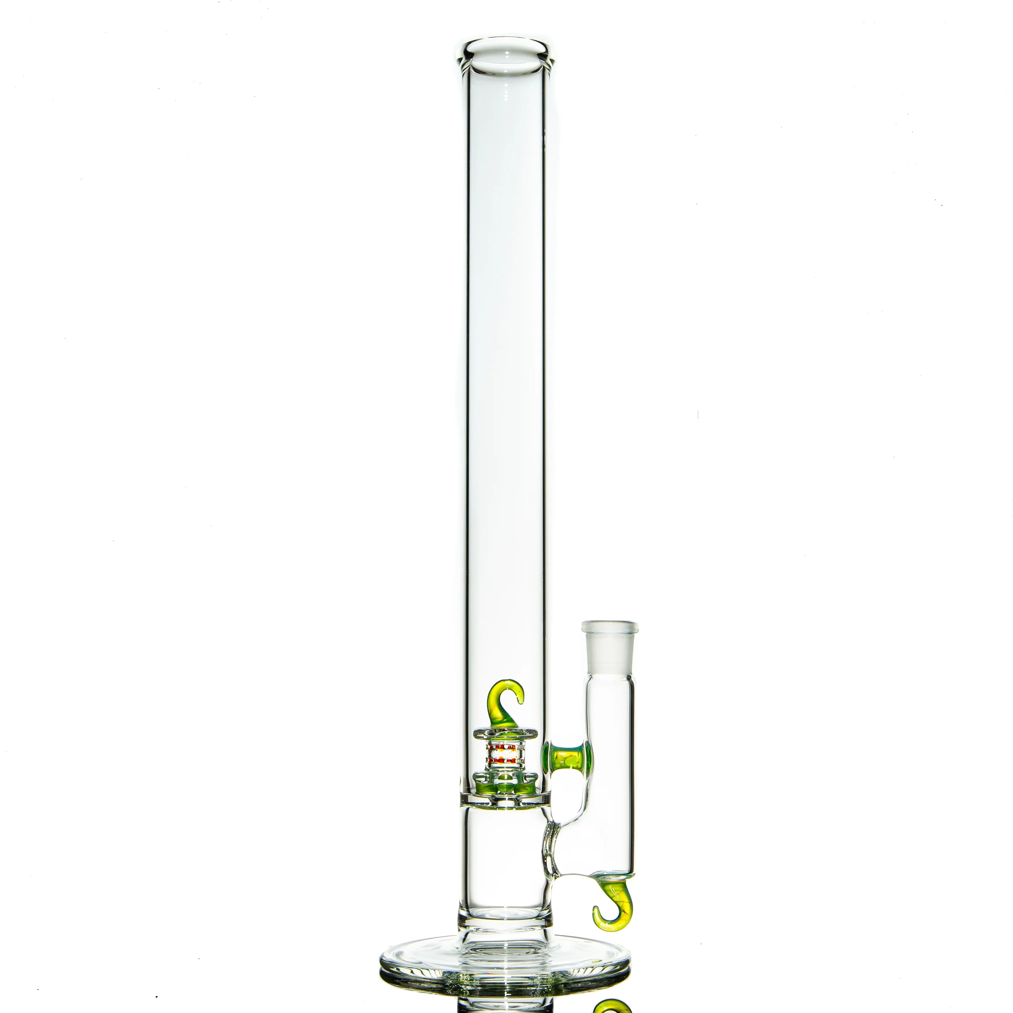 Clear glass water pipe with silver and green accents, upright on white background