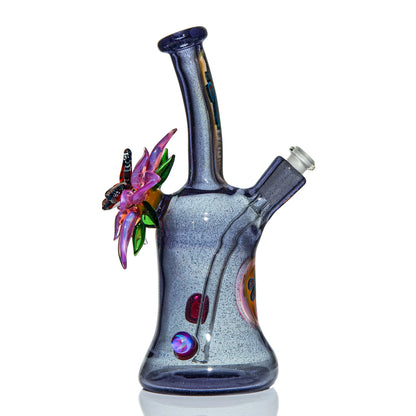 Handcrafted glass water pipe with sculpted purple flower and dragonfly accents