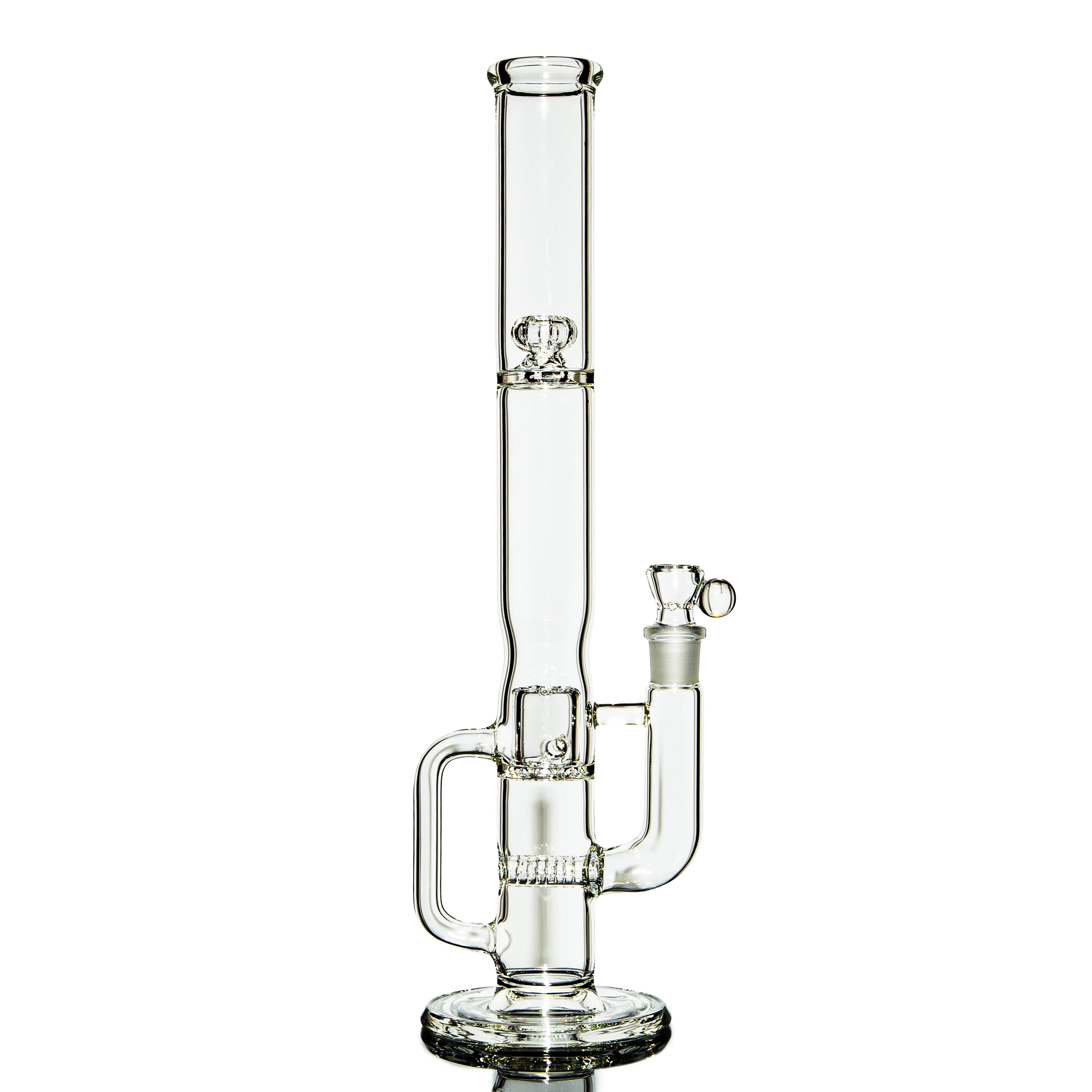 Clear glass water pipe with percolator and handle on white background
