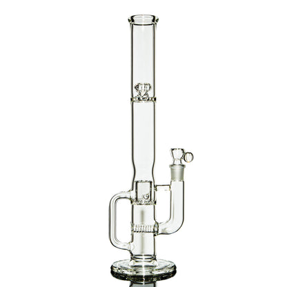 Clear glass water pipe with percolator and handle on white background