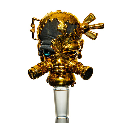 Gold steampunk gas mask glass bowl with intricate details on white background