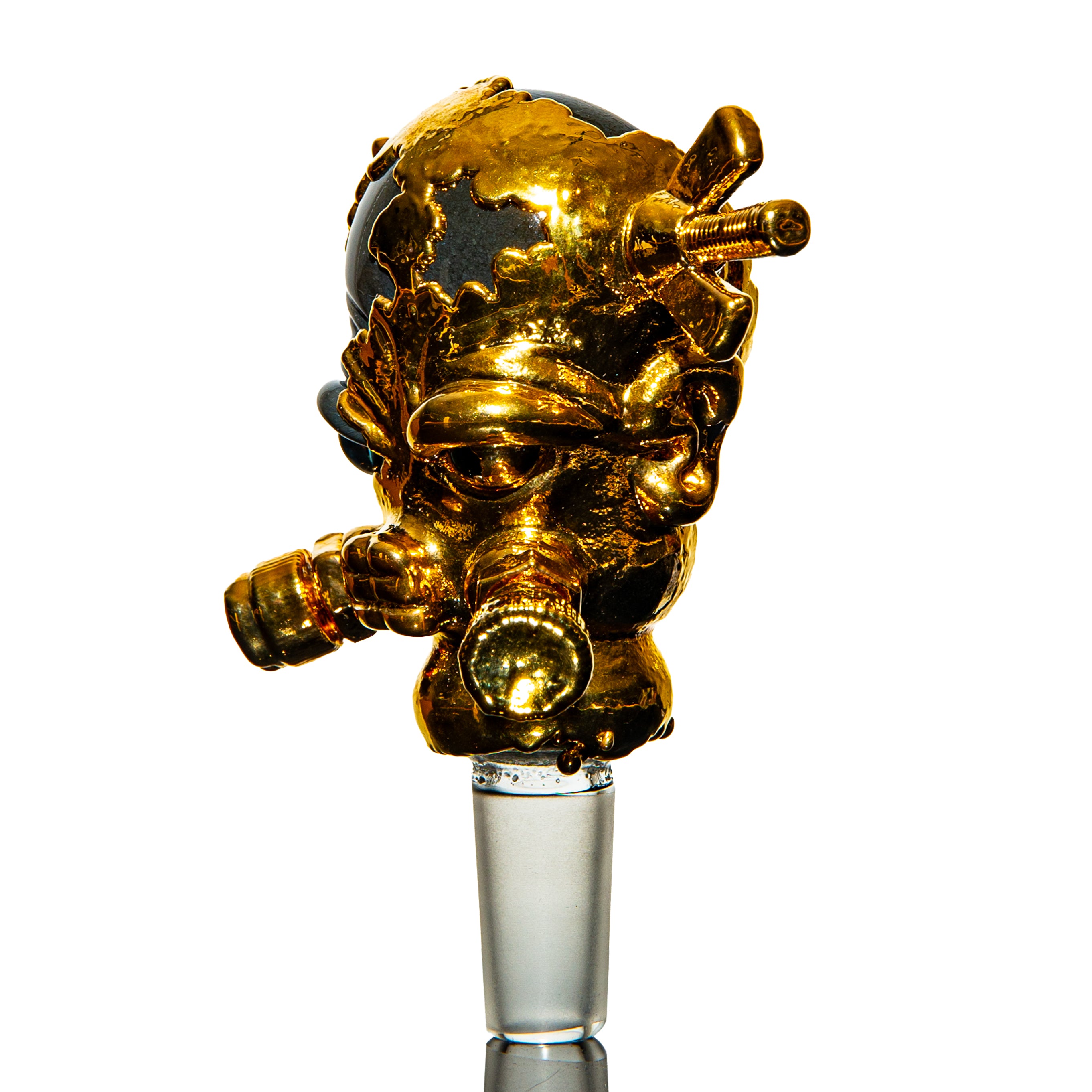 Gold and black sculpted glass bowl head with detailed face and hardware accents, on white background.