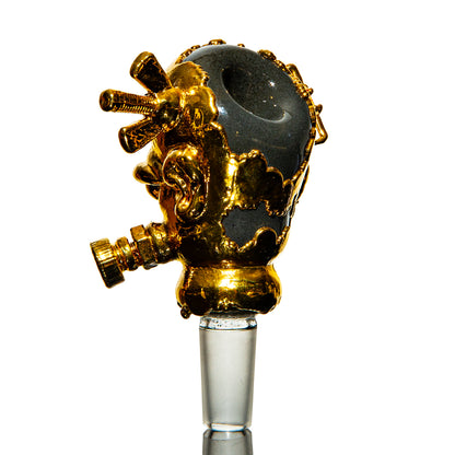 Handcrafted gold and black glass bowl piece with intricate detailing for water pipes