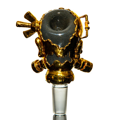 Heady glass bowl with gold accents and steampunk design, isolated on white background