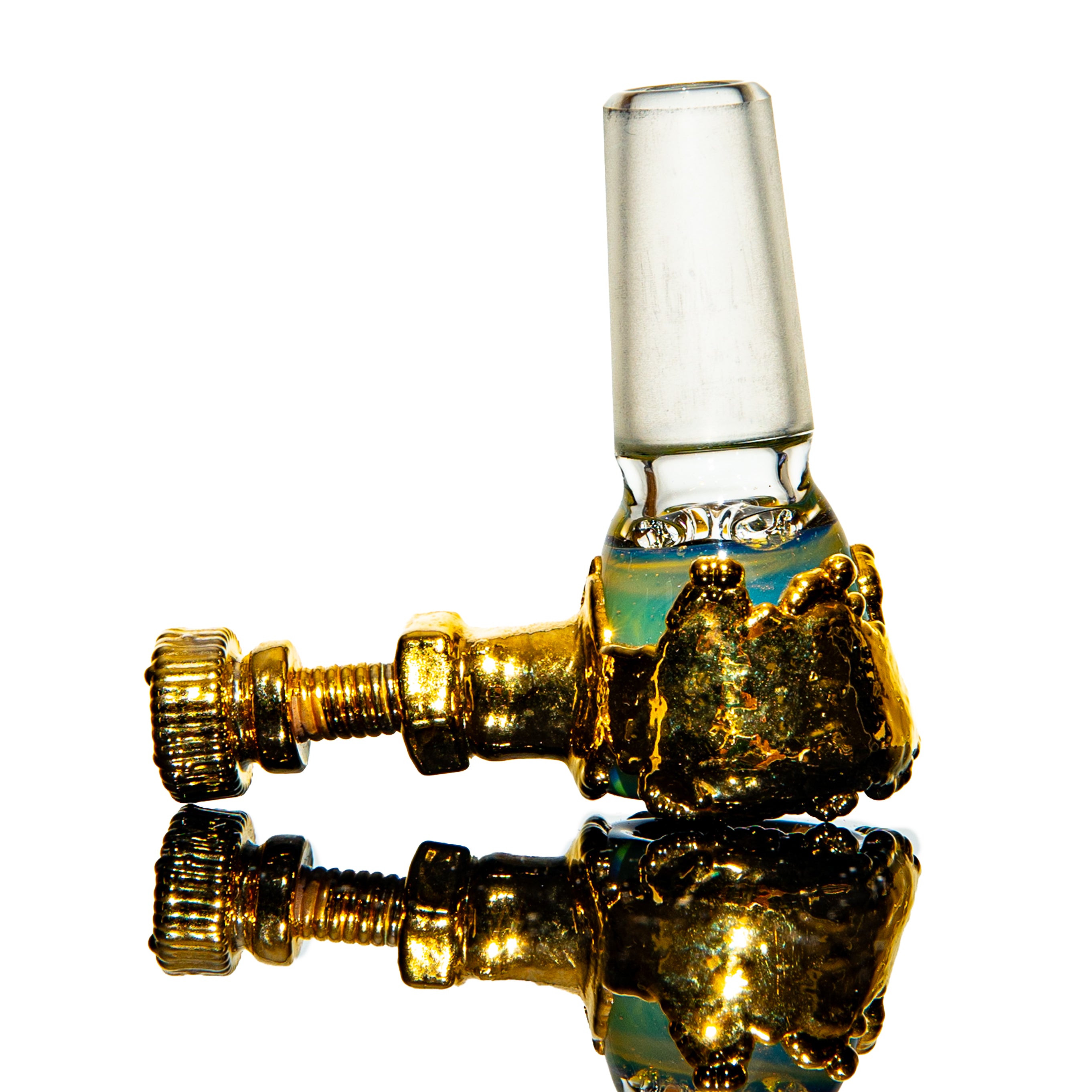 Gold and glass bowl piece for water pipe with metallic hardware on white background
