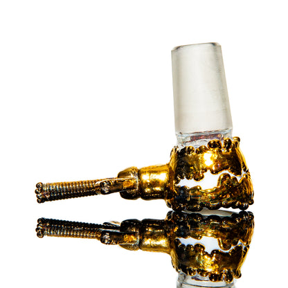 Gold and clear glass joint adapter with textured details for water pipes on white background