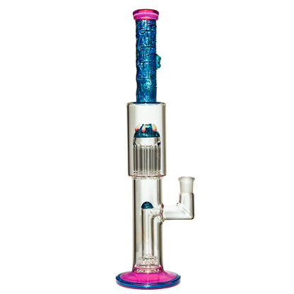 Colorful heady glass water pipe with blue and pink accents, intricate percolator design