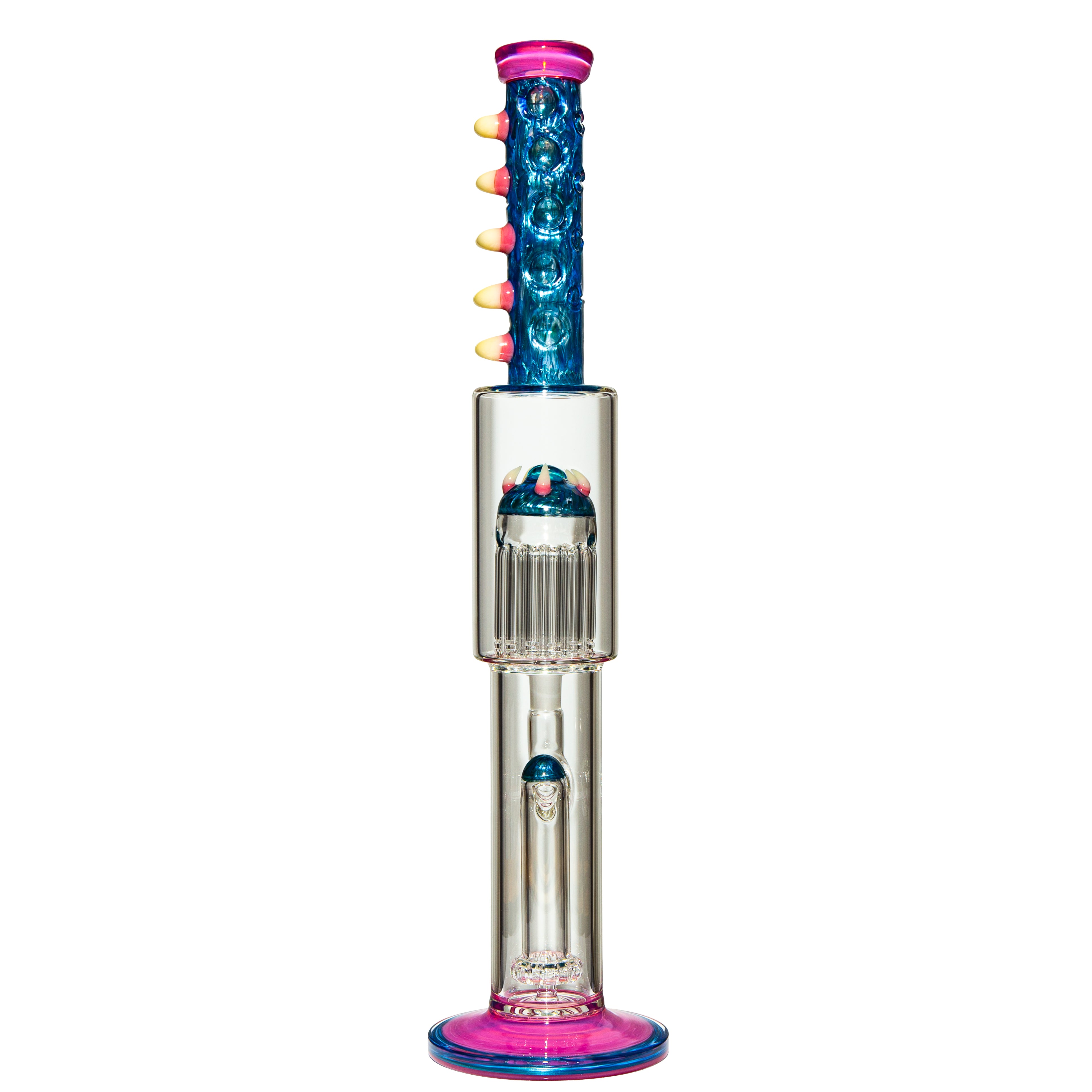 Colorful heady glass water pipe with blue and pink accents and artistic details.