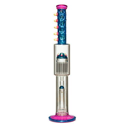 Colorful heady glass water pipe with blue and pink accents and artistic details.