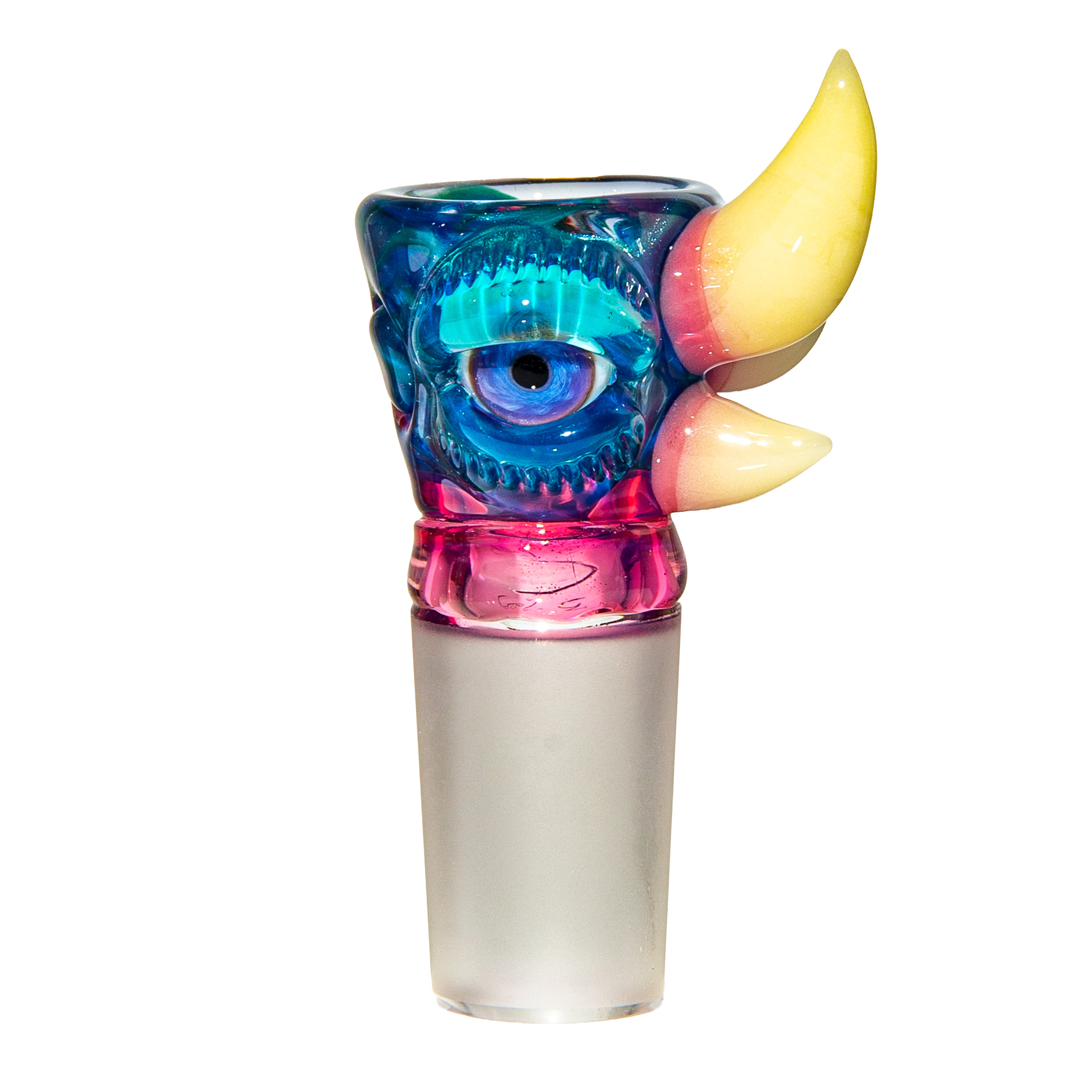Colorful glass bowl piece with a cyclops eye and two horn accents for water pipe