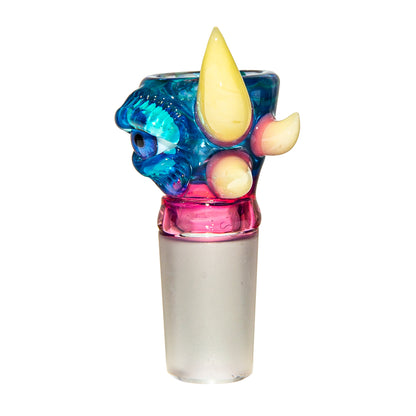 Colorful glass bowl slide with blue, pink, and yellow monster design for water pipe