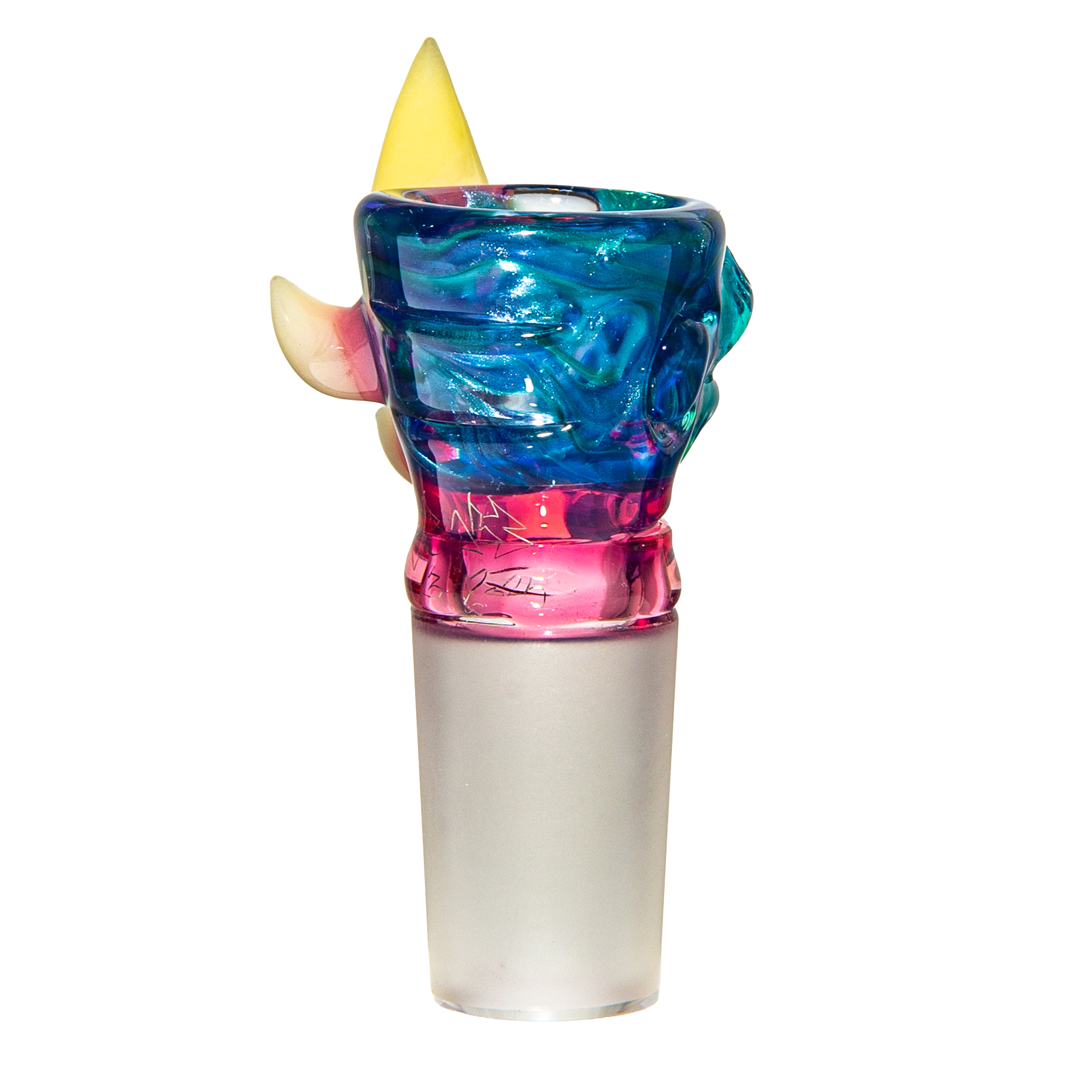 Artistic glass bowl slide with blue, pink, and yellow swirled colors and sculpted accents