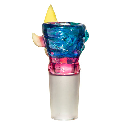 Artistic glass bowl slide with blue, pink, and yellow swirled colors and sculpted accents