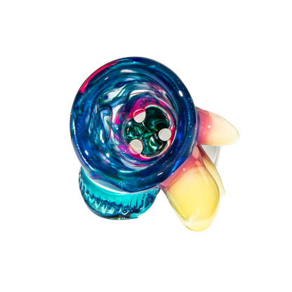 Hand-blown glass pipe with swirling blue, pink, and yellow colors on a white background