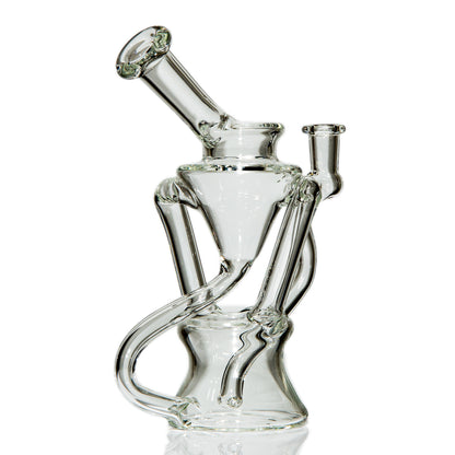 Clear scientific glass water pipe with intricate percolator and bent tubes on white background