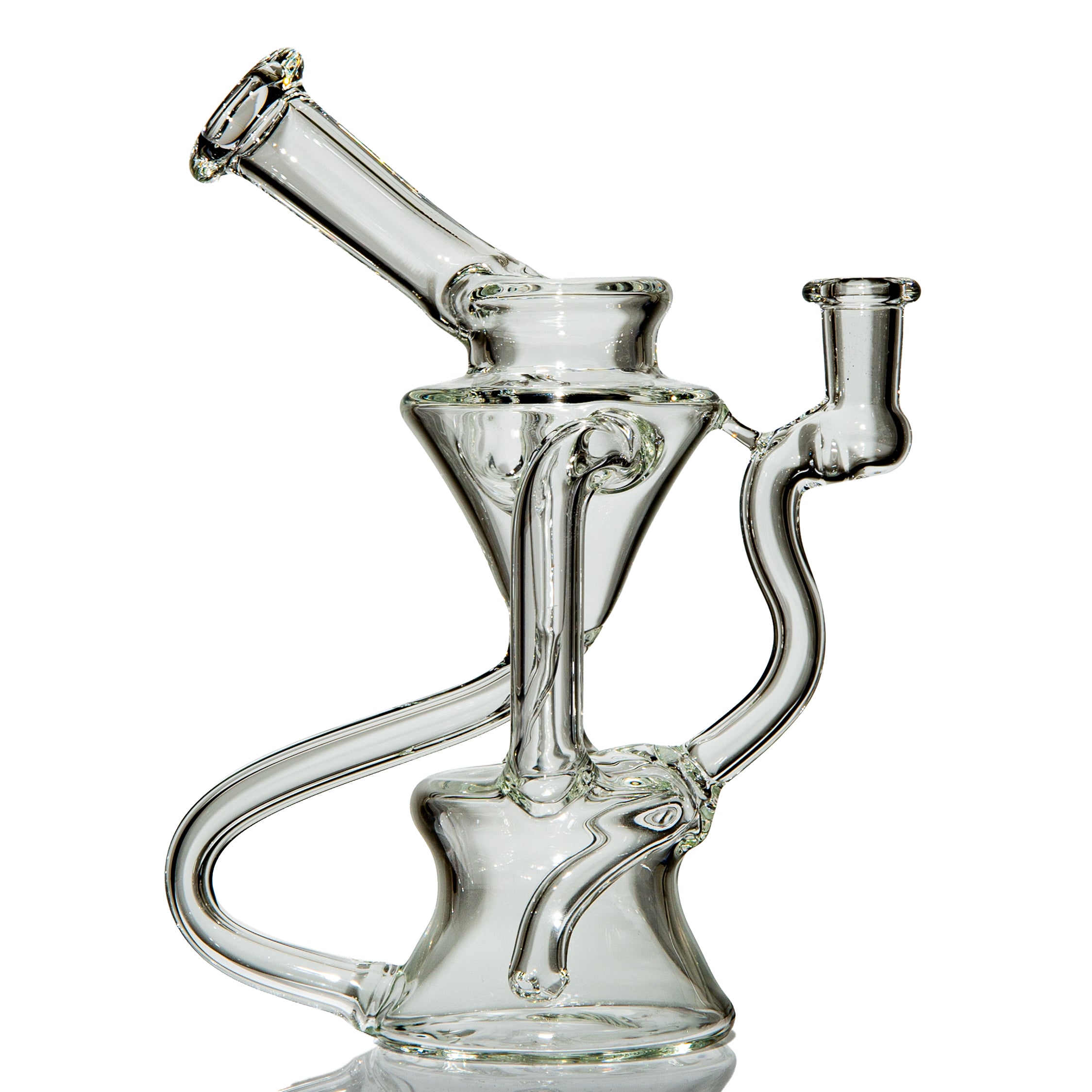 Clear scientific glass recycler water pipe with intricate tubing on white background