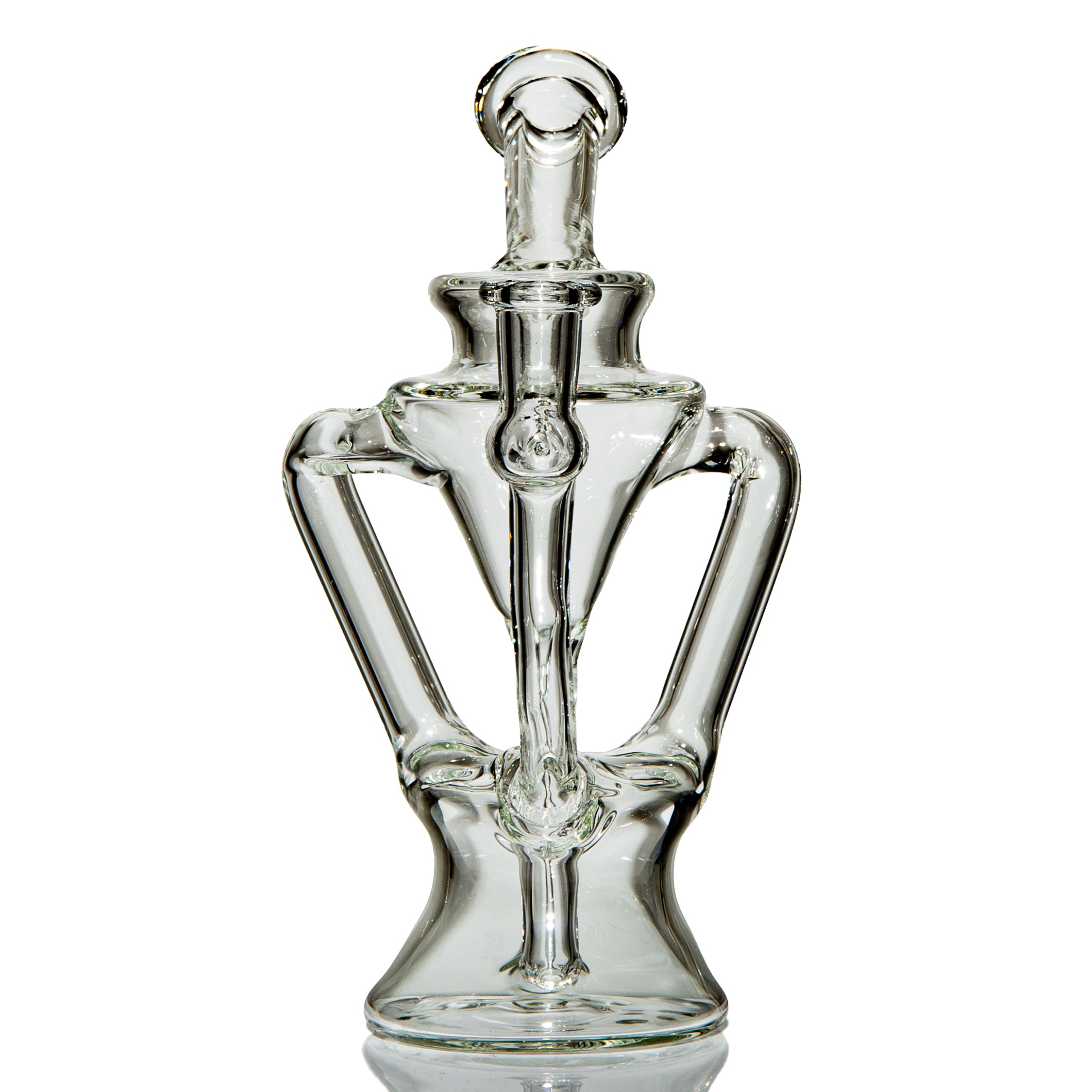 Clear intricately blown glass water pipe with sculptural arms on white background.