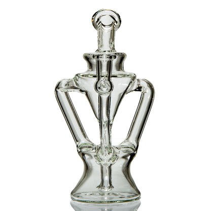 Clear intricately blown glass water pipe with sculptural arms on white background.