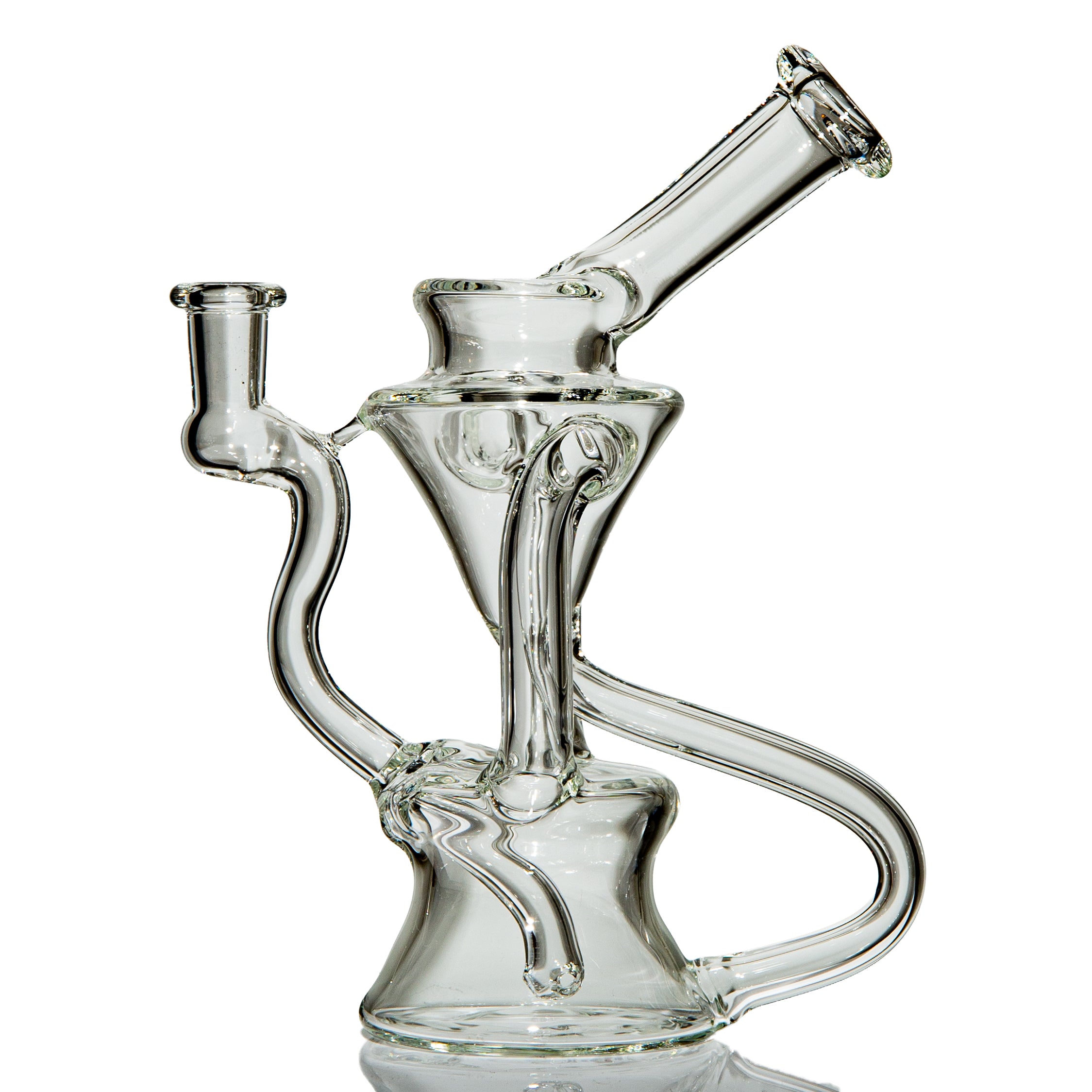 Clear scientific glass recycler rig with curved tubing and angled mouthpiece on white background