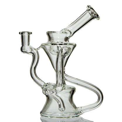 Clear scientific glass recycler rig with curved tubing and angled mouthpiece on white background