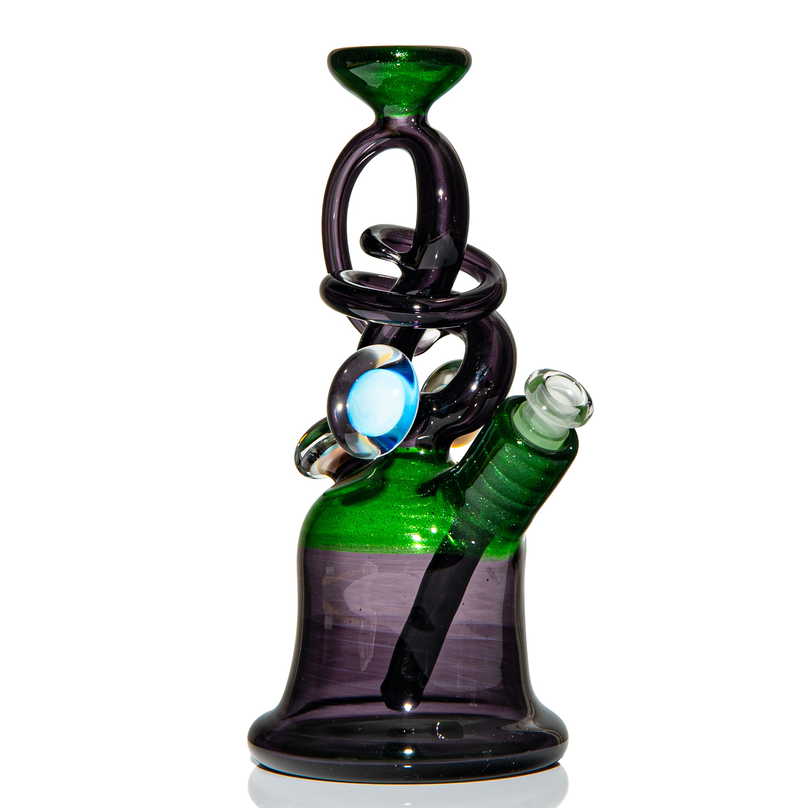 Heady glass water pipe with intricate purple and green design, artistic glasswork
