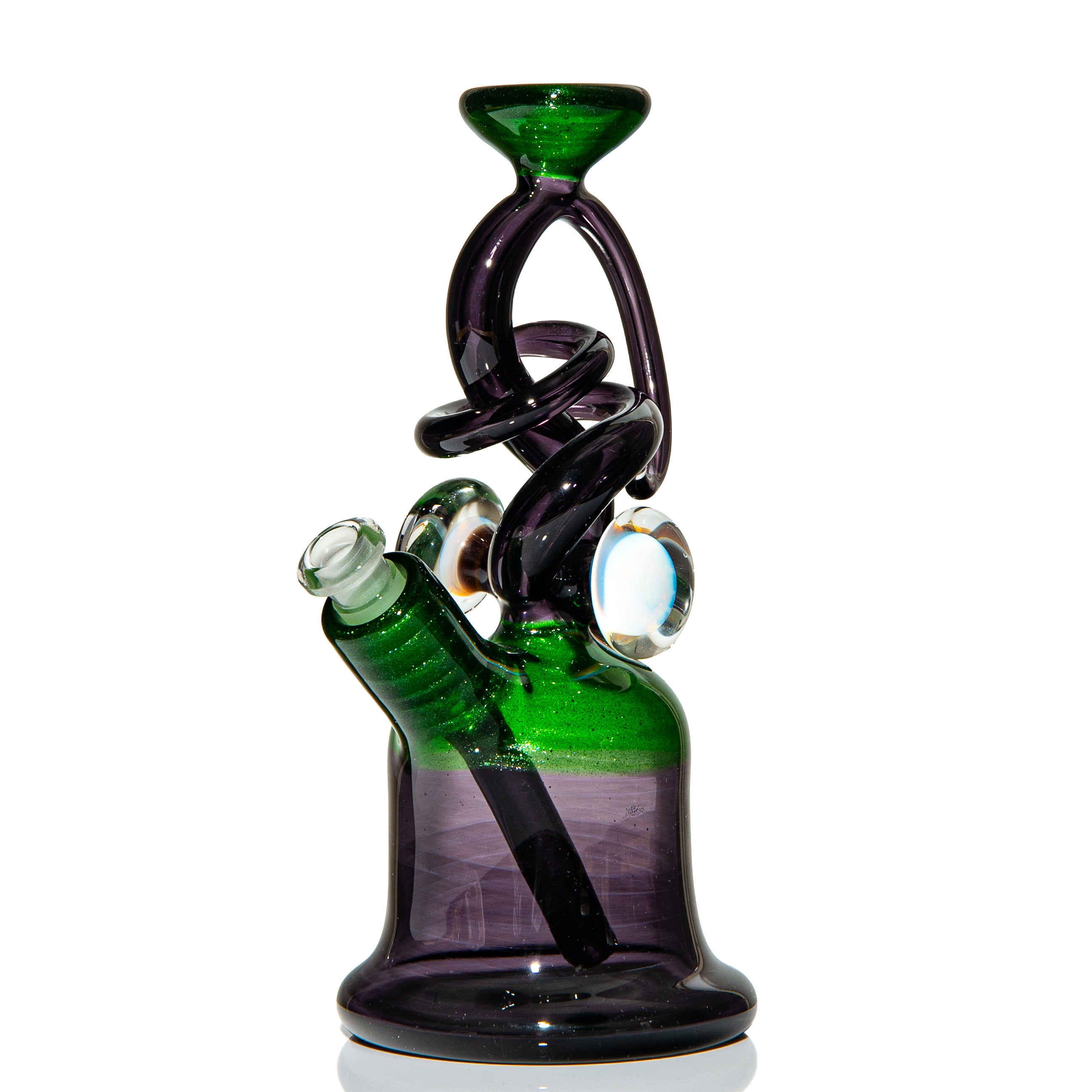 Heady glass water pipe with green and purple swirls, clear marble accents, on white background