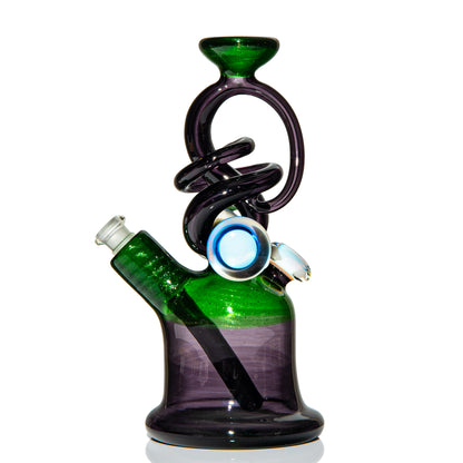 Heady glass water pipe with green and purple swirls and decorative marble accents