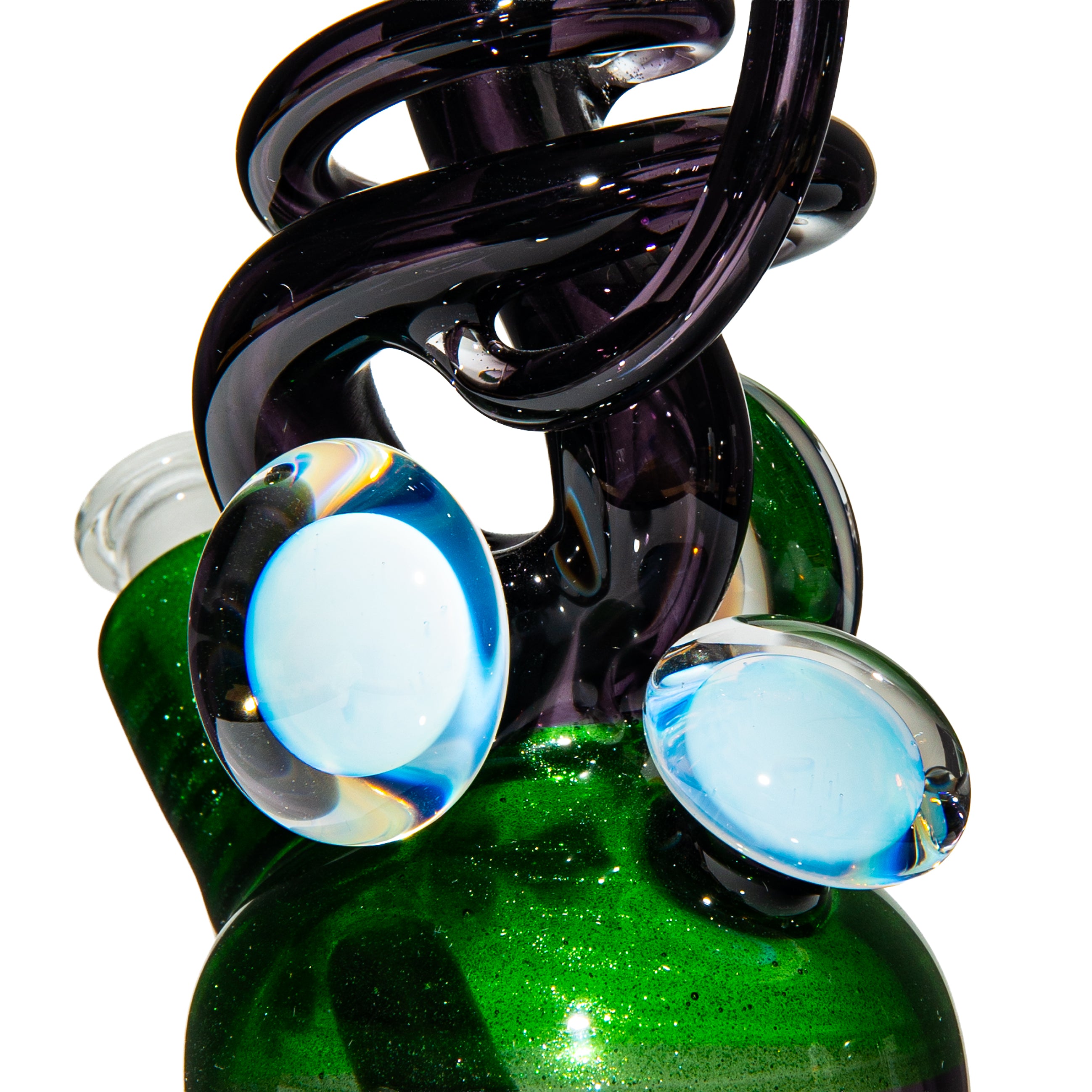 Handblown emerald green glass art pipe with intricate black swirls and colorful marble accents