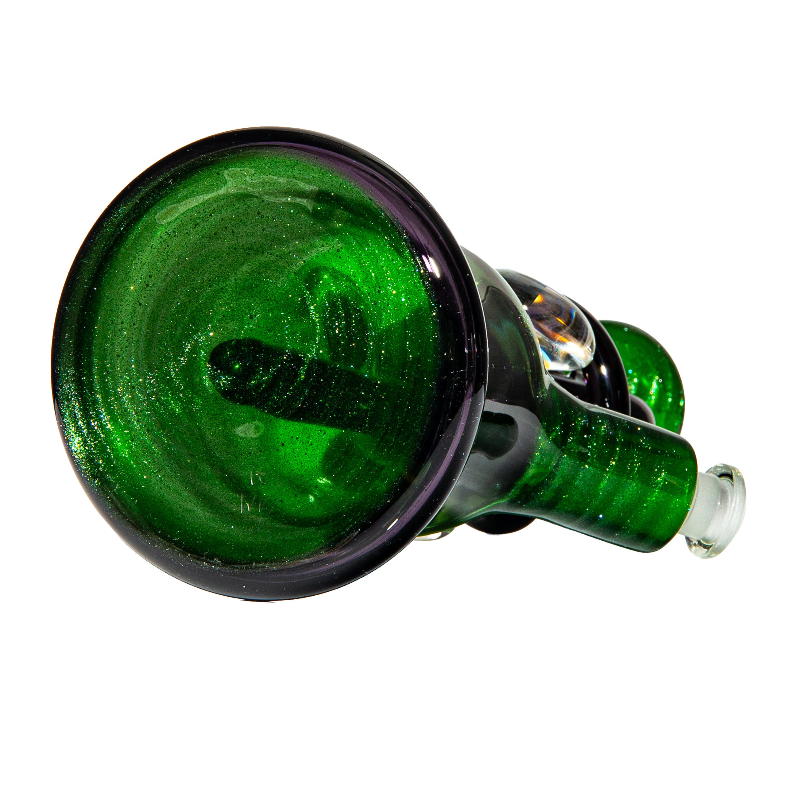 Green glass water pipe with shimmering finish, viewed from the base on white background