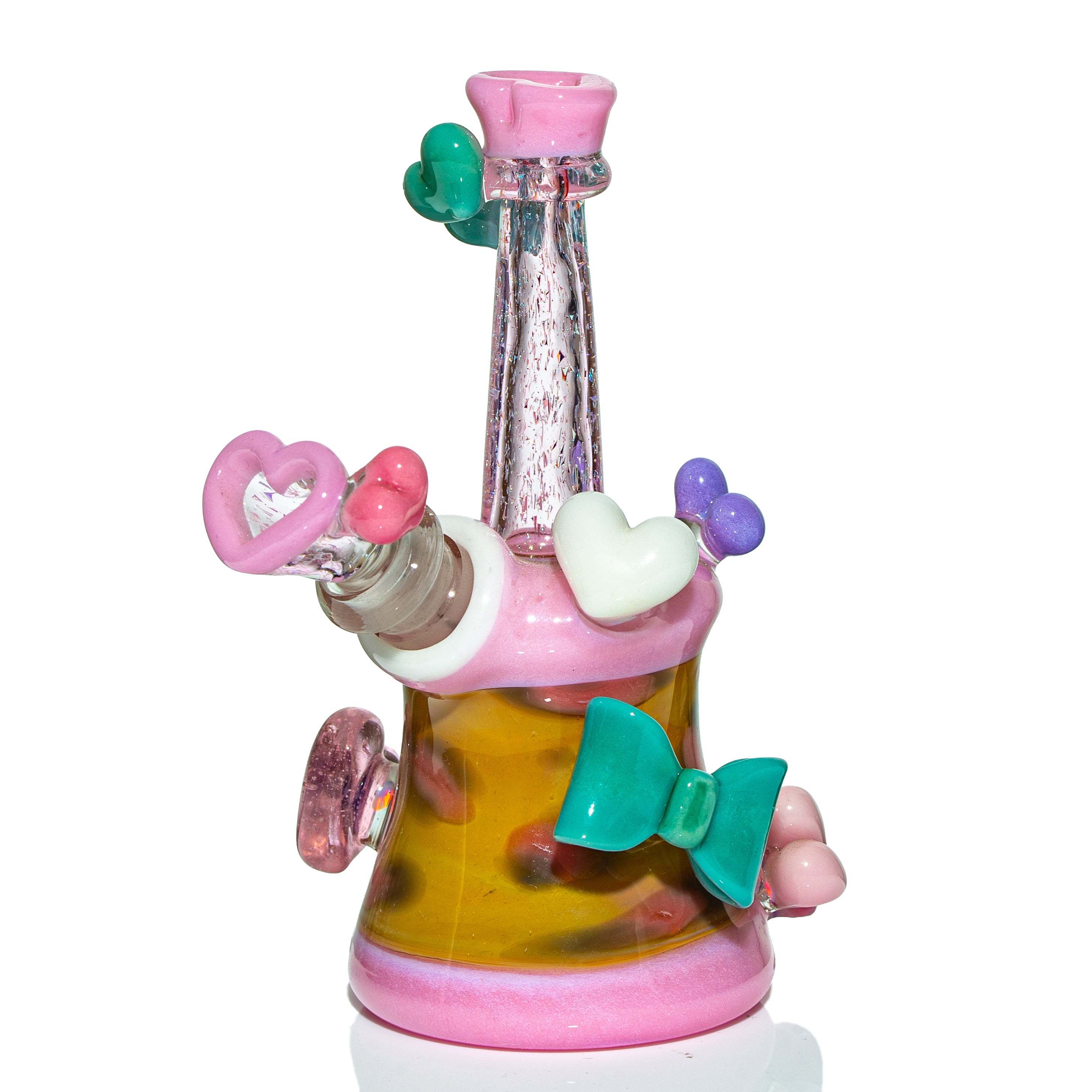 Colorful heady glass water pipe with pink, green, and heart-shaped accents