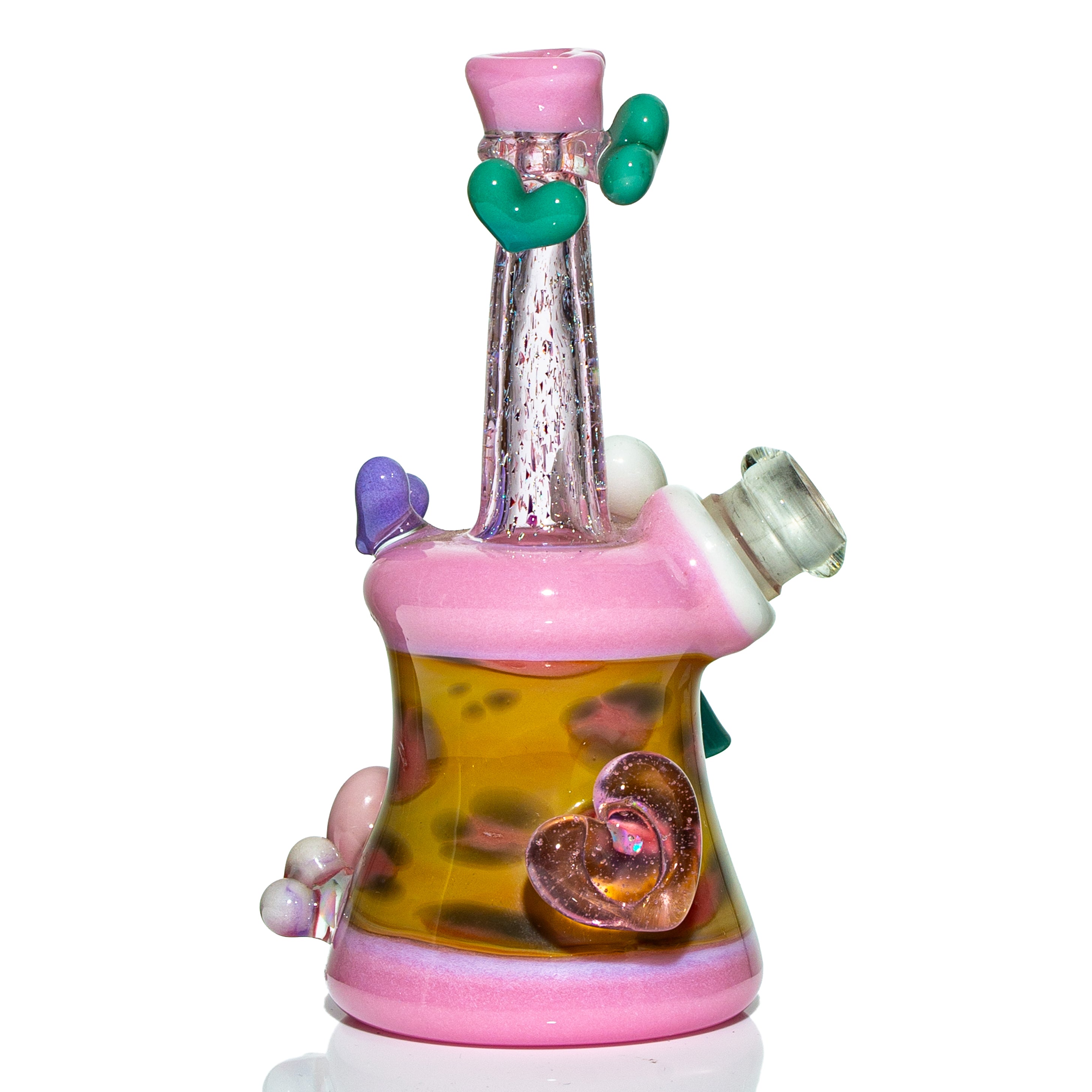 Pink and yellow artistic glass water pipe with heart accents and sculpted details