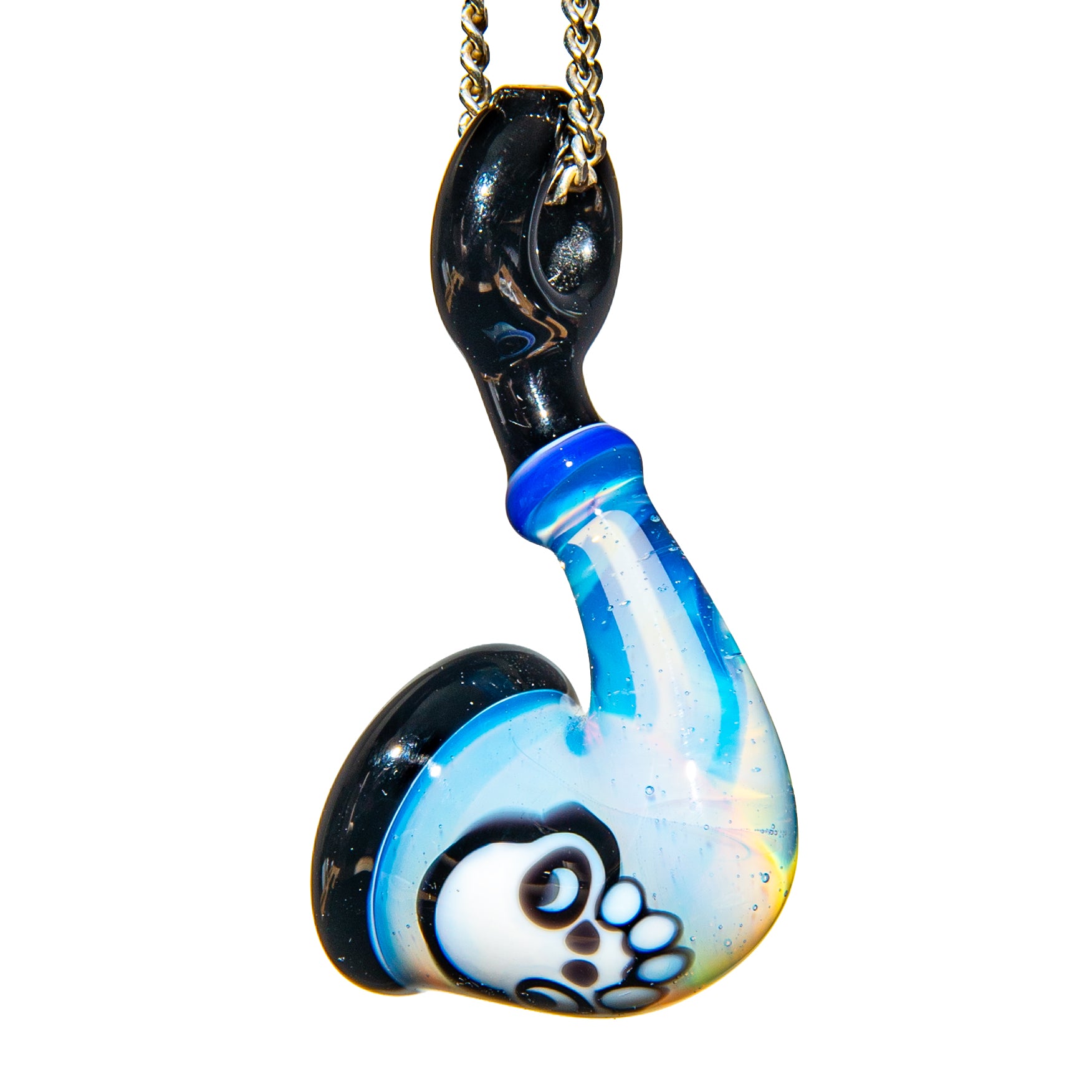 Blue glass pendant with paw print design on a gold chain, isolated on white background.