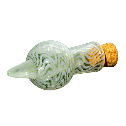 Hand-blown glass pipe with green swirl patterns and cork stopper on white background