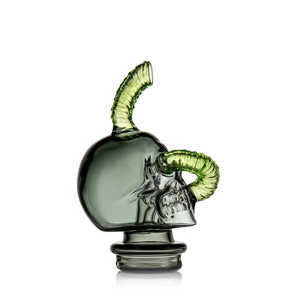 Glass skull water pipe with curved green horn accents, artistic heady glass smoking accessory