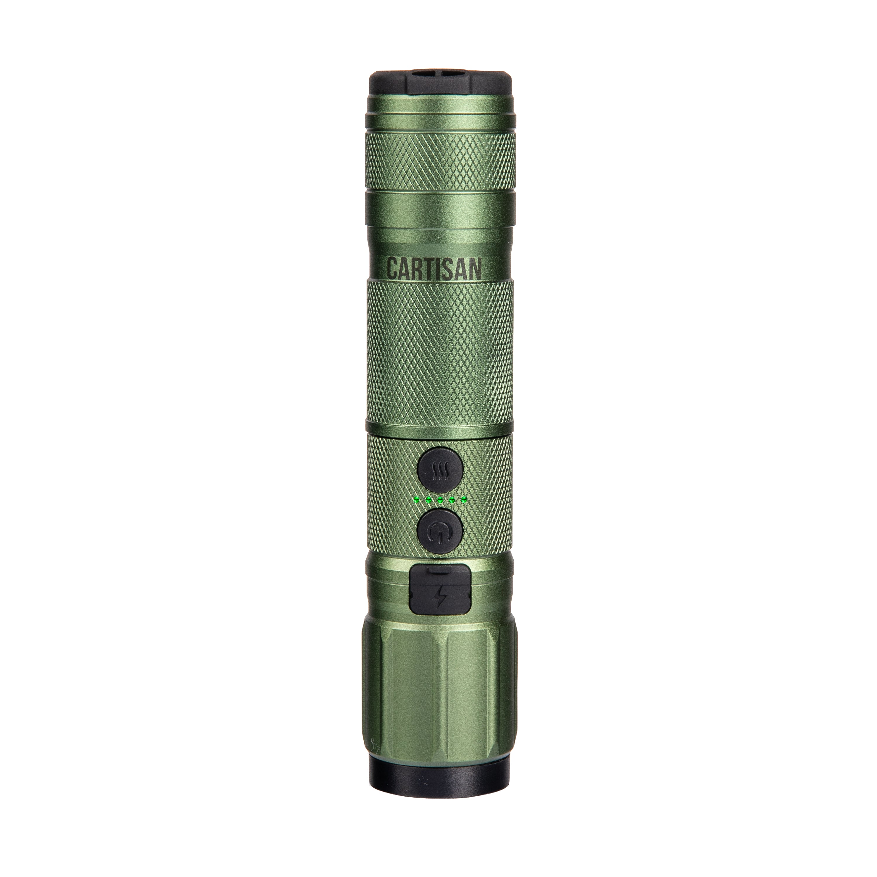 Green Cartisan portable vaporizer with buttons and LED indicators, isolated on white background.