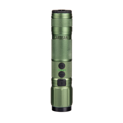 Green Cartisan portable vaporizer with buttons and LED indicators, isolated on white background.