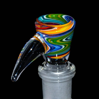 Colorful glass slide bowl with purple, green, and blue wig wag design, 14mm flare joint