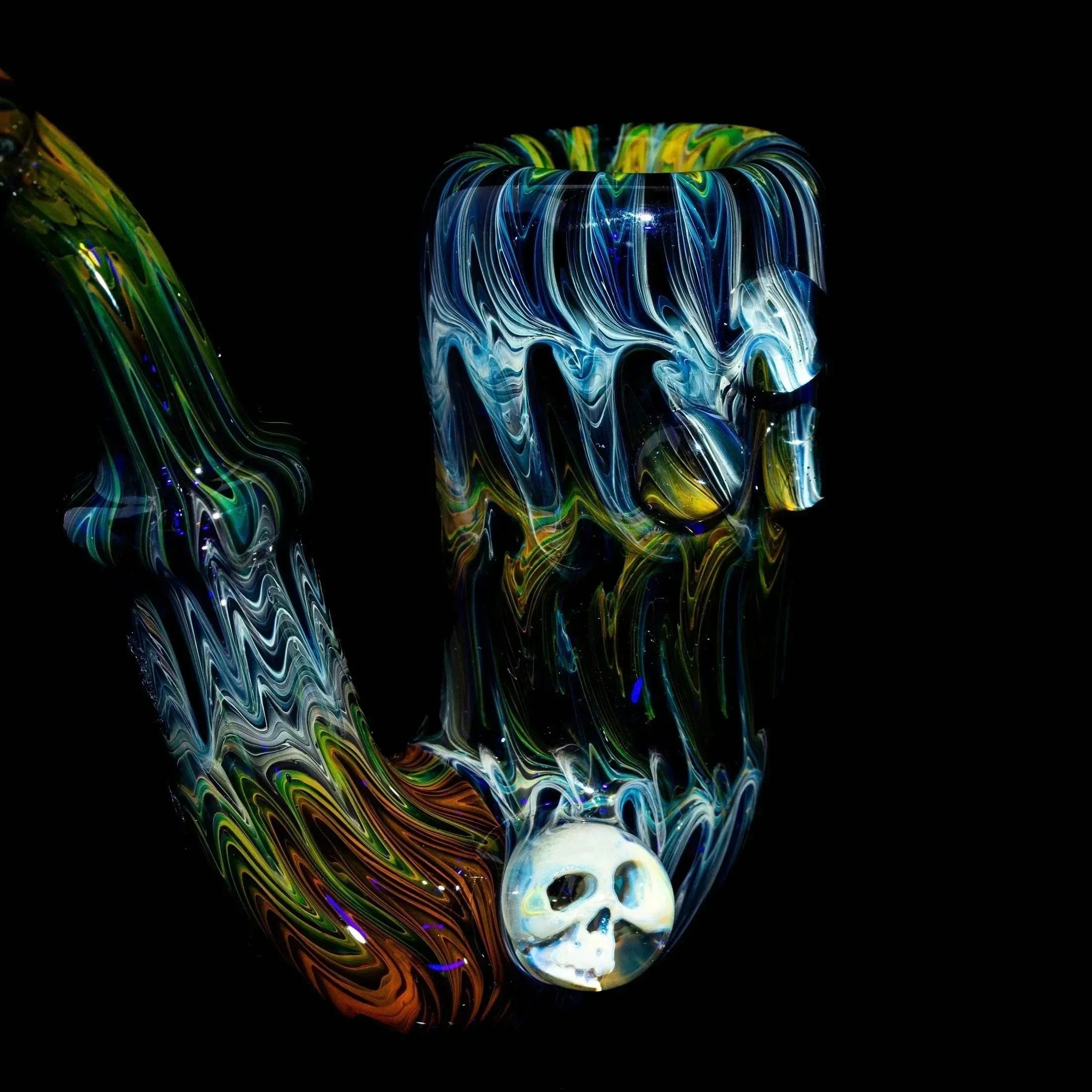 Colorful glass Sherlock pipe with swirling patterns and a skull accent on black background