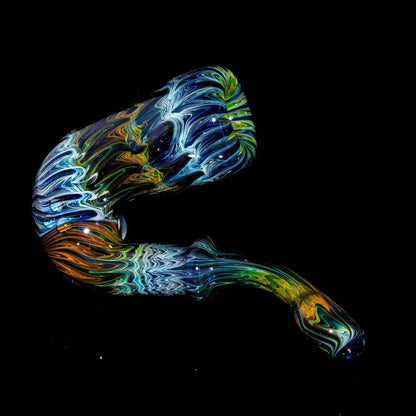 Colorful art glass Sherlock pipe with psychedelic swirling patterns on black background