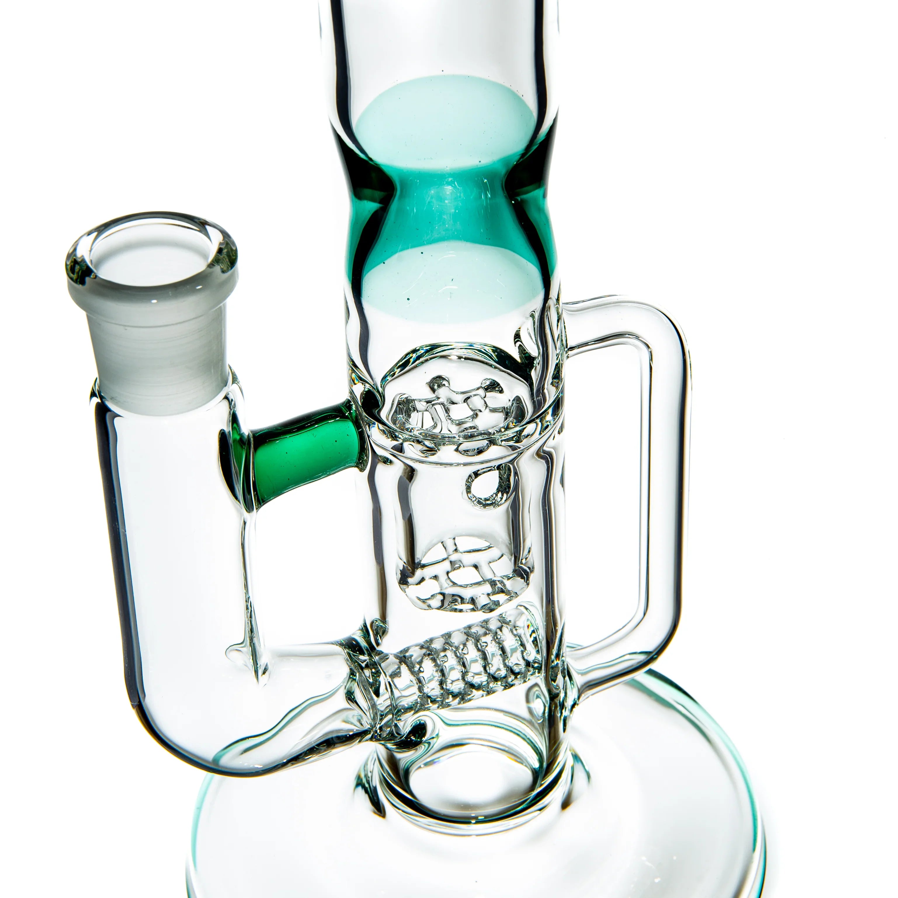 Clear glass water pipe with teal accents and intricate percolator design against white background.