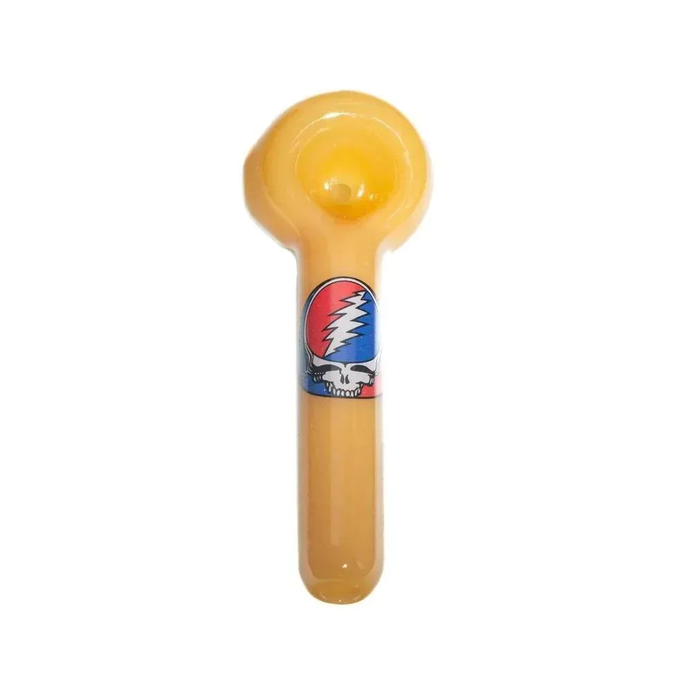 Amber glass hand pipe with colorful Grateful Dead skull logo, smoking accessory