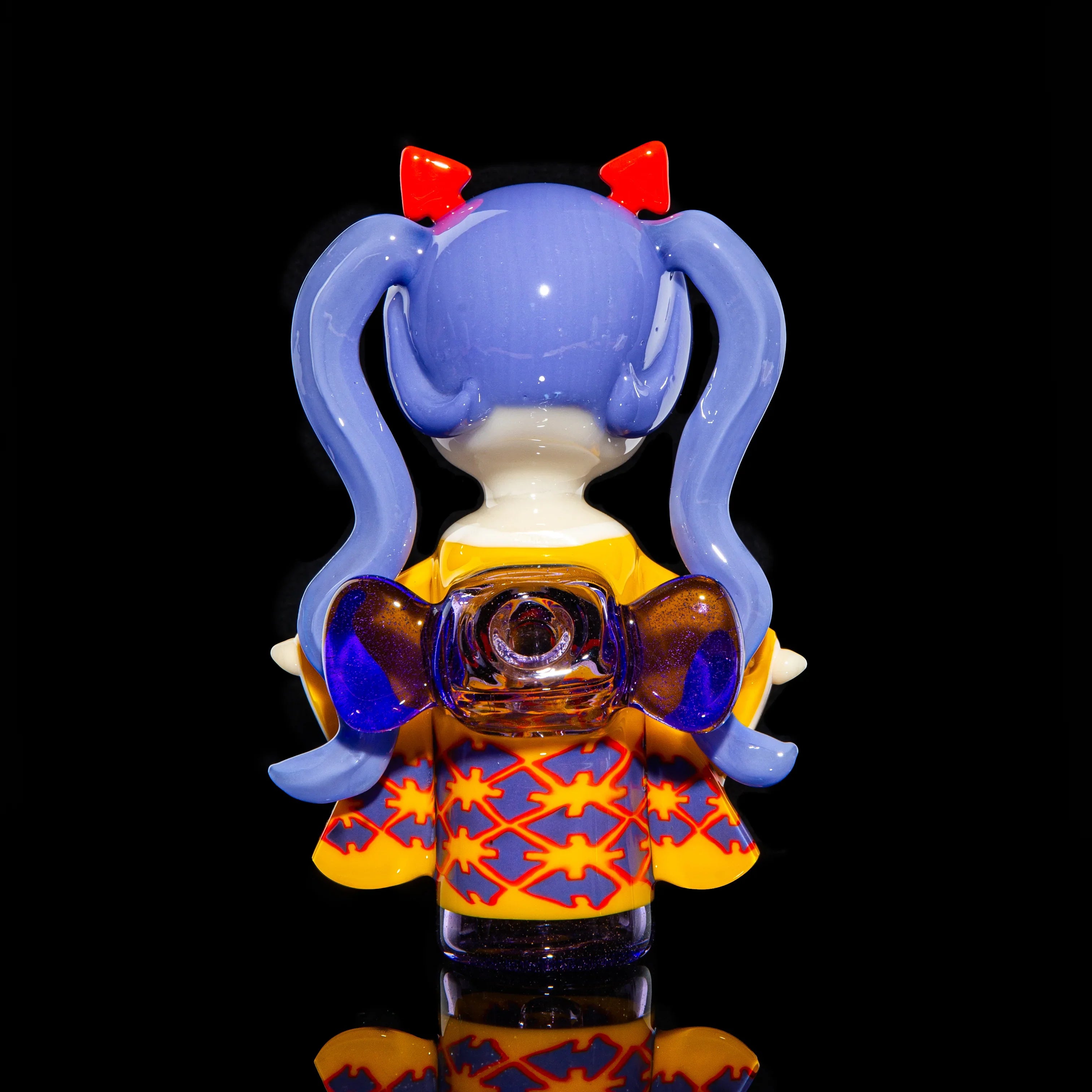 Handcrafted glass art pipe shaped like an anime girl in a colorful kimono with twin ponytails